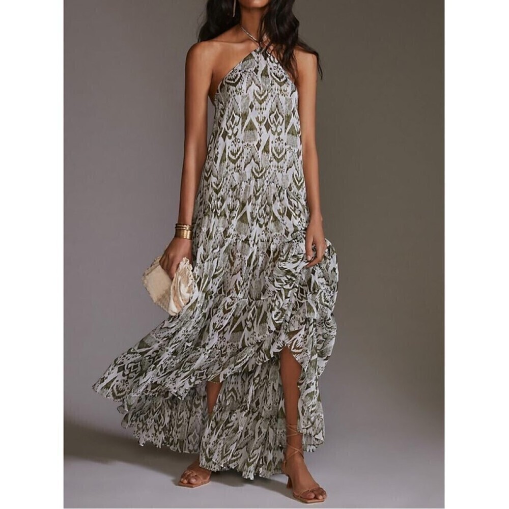 NWT Anthropologie Misa Boho Print Halter A-Line Midi Maxi Dress Small Olive Ikat